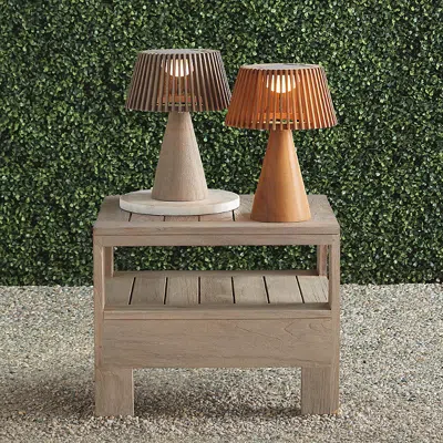 Frontgate Ira Outdoor Solar Led Teak Table Lamp In Brown