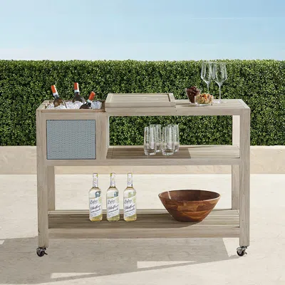 Frontgate Isola Console With Beverage Tub In Weathered Teak & Harbor Blue Wicker