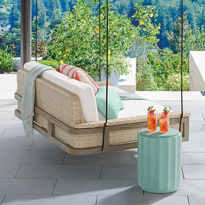Frontgate Laila Hanging Daybed With Cushions In Shell Wicker