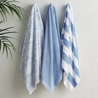 Frontgate Madeira Stripe Beach Towels, Set Of Three In Fog
