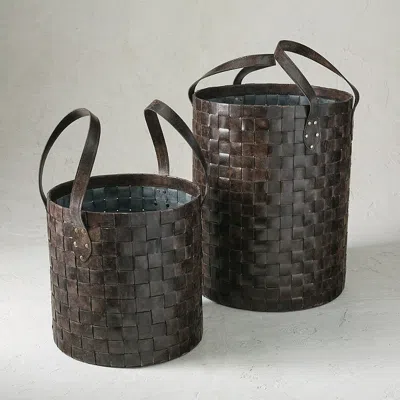 Frontgate Set Of 2 Theodore Leather Woven Baskets In Brown