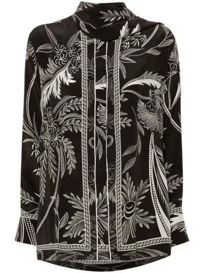 F.r.s . Botanical Print Silk Shirt In Black