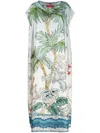 F.r.s . F.r.s. Short Printed Silk Kaftan Dress In Blue
