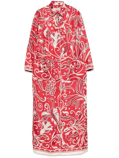 F.r.s For Restless Sleepers For Restless Sleepers Printed Silk Long Shirtdress In Red