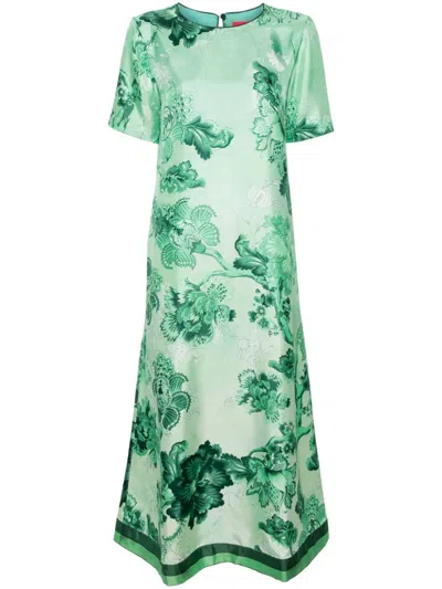 F.R.S FOR RESTLESS SLEEPERS GREEN FLORAL PRINTED SILK WOMEN'S LONG DRESS
