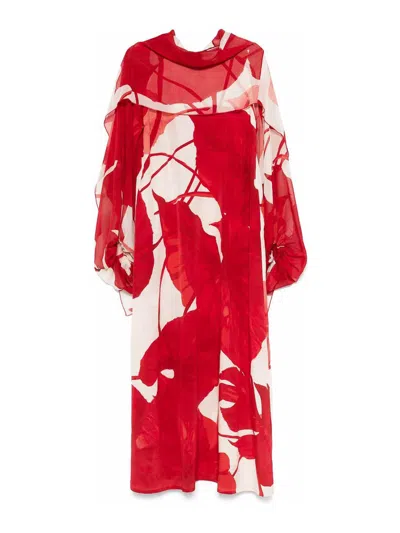 F.r.s For Restless Sleepers Printed Silk Long Dress In Red