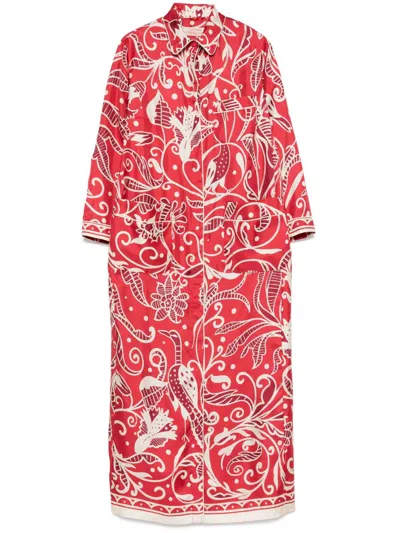 F.r.s For Restless Sleepers Printed Silk Long Shirtdress In Red
