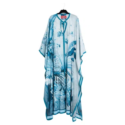 Pre-owned F.r.s For Restless Sleepers F.r.s. For Restless Sleepers Robe Kaftan Tu Blue Lagoon Cotton Palms Dress Os