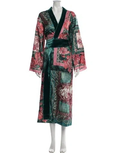 Pre-owned F.r.s For Restless Sleepers Silk Floral Print Robe W/ Tags In Green