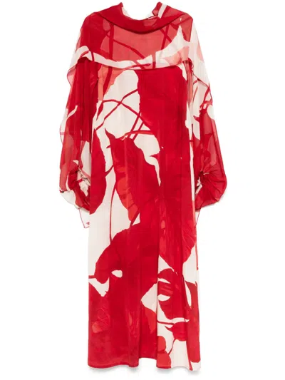 F.r.s . Printed Silk Long Dress In Red