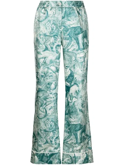 F.r.s . Wide Leg Printed Silk Trousers In Green