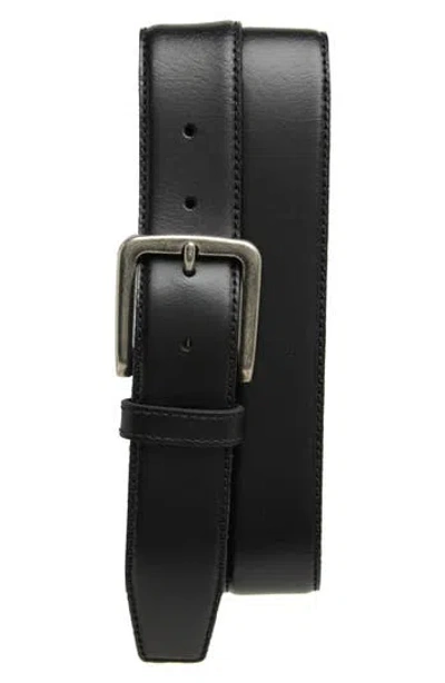 Frye 35mm Stitched Feather Edge Leather Belt In Black/antique Nickel