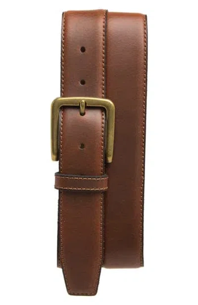 Frye 35mm Stitched Feather Edge Leather Belt In Tan/antique Brass