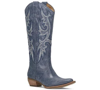 Frye And Co Womens Irlene Tall Deco Stitch Sculptural Heel Cowboy Boots In Blue