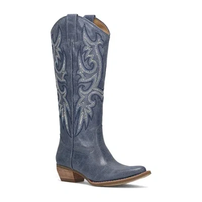 Frye And Co Womens Irlene Tall Deco Stitch Sculptural Heel Cowboy Boots In Blue