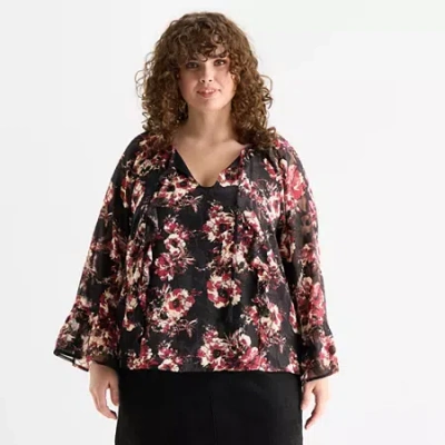 Frye And Co Womens Plus Split Tie Neck Long Sleeve Blouse In Multi