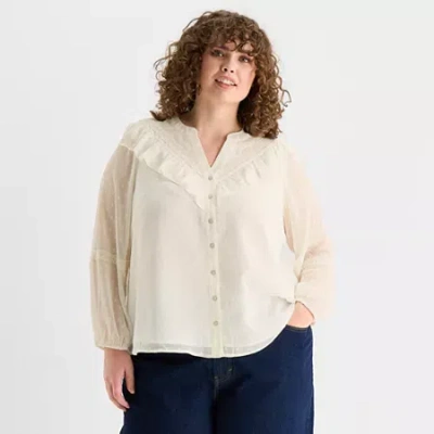 Frye And Co Womens Plus V Neck Long Sleeve Blouse In White