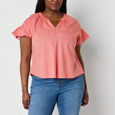 Frye And Co Womens Plus Y Neck Short Sleeve Blouse In Pink