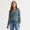 Frye And Co Womens Split Crew Neck Long Sleeve Blouse In Blue