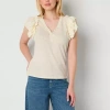 Frye And Co Womens Y Neck Short Sleeve Blouse In White