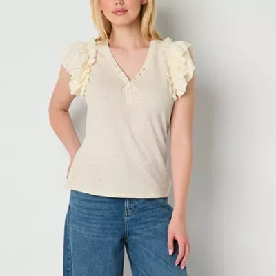 Frye And Co Womens Y Neck Short Sleeve Blouse In White