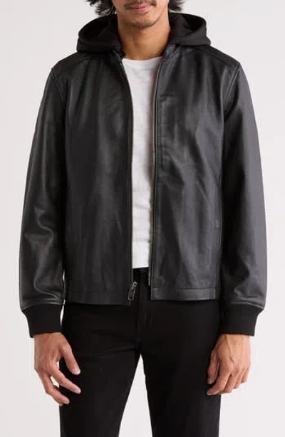 Frye Cafe Racer Removable Hood Leather Jacket In Black
