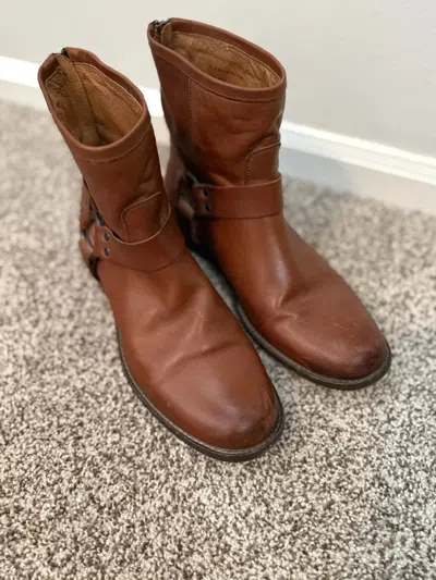 Pre-owned Frye Harness Brown Leather 7.5 Leather Buckle Punk Shoes
