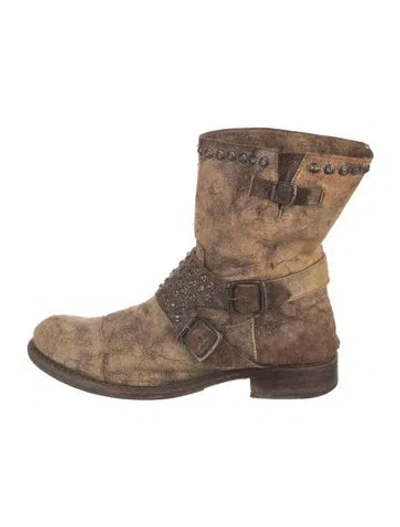 Pre-owned Frye Jenna Leather Moto Boots In Brown