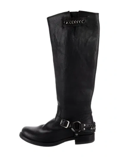 Pre-owned Frye Leather Chain-link Accents Moto Boots In Black