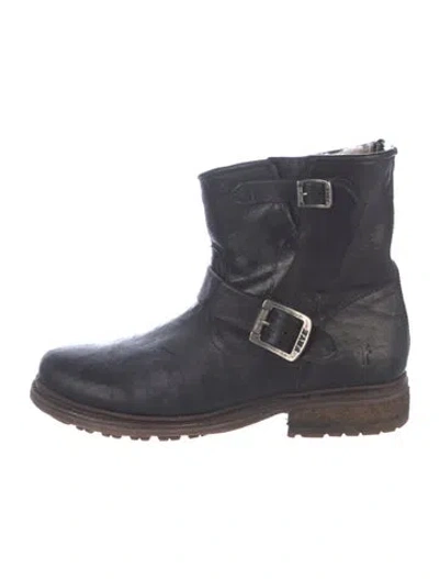 Pre-owned Frye Leather Chain-link Accents Moto Boots In Blue