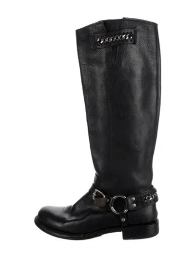Pre-owned Frye Leather Chain-link Accents Riding Boots In Black