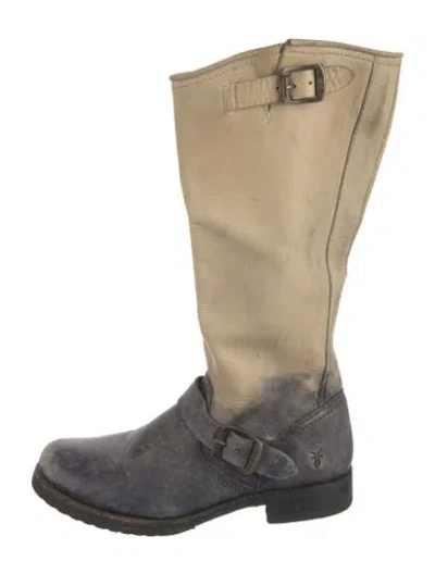 Pre-owned Frye Leather Colorblock Pattern Moto Boots In Neutral