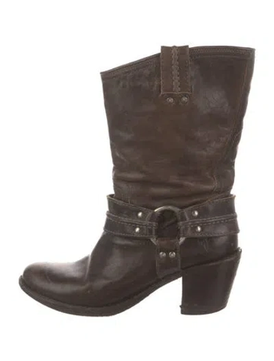 Pre-owned Frye Leather Distressed Accents Moto Boots In Brown