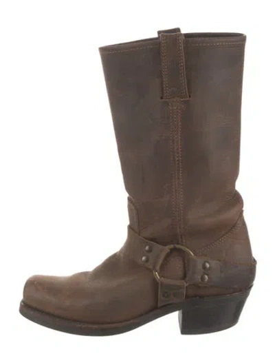 Pre-owned Frye Leather Distressed Accents Moto Boots In Brown