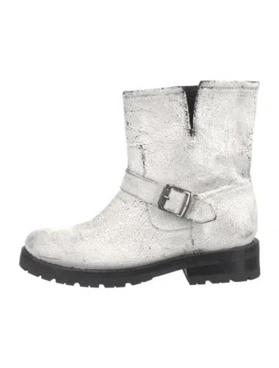 Pre-owned Frye Leather Distressed Accents Moto Boots In White