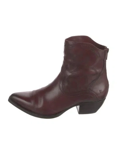 Pre-owned Frye Leather Embroidered Accent Boots In Burgundy