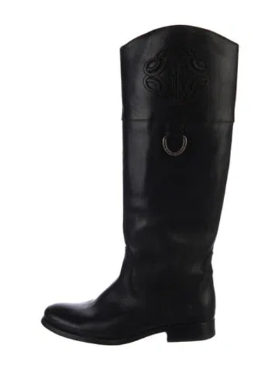 Pre-owned Frye Leather Embroidered Accent Riding Boots In Black
