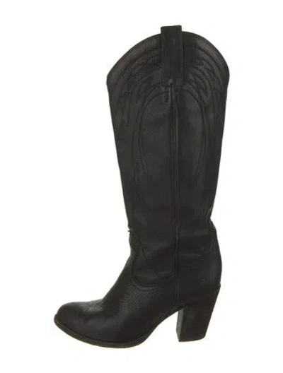 Pre-owned Frye Leather Embroidered Accent Western Boots In Black