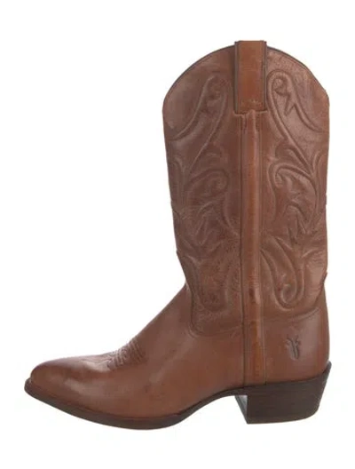 Pre-owned Frye Leather Embroidered Accent Western Boots In Brown