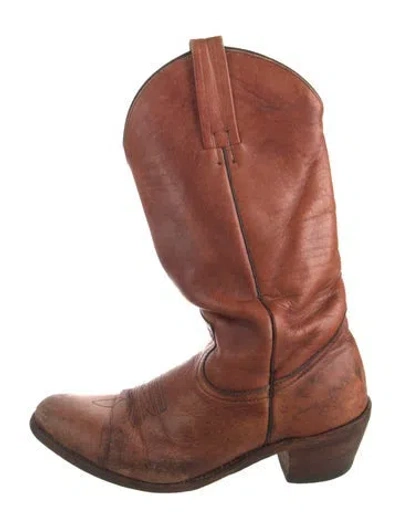Pre-owned Frye Leather Embroidered Accent Western Boots In Brown