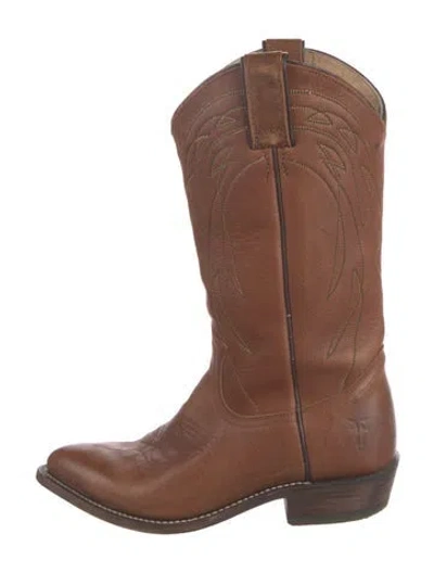 Pre-owned Frye Leather Embroidered Accent Western Boots In Brown