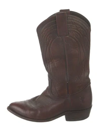 Pre-owned Frye Leather Embroidered Accent Western Boots In Brown