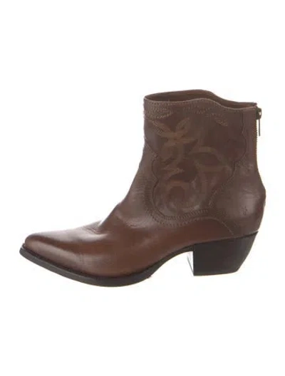 Pre-owned Frye Leather Embroidered Accent Western Boots In Brown