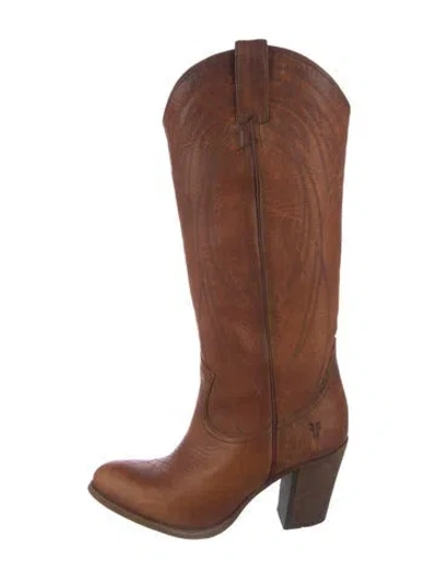 Pre-owned Frye Leather Embroidered Accent Western Boots In Neutral