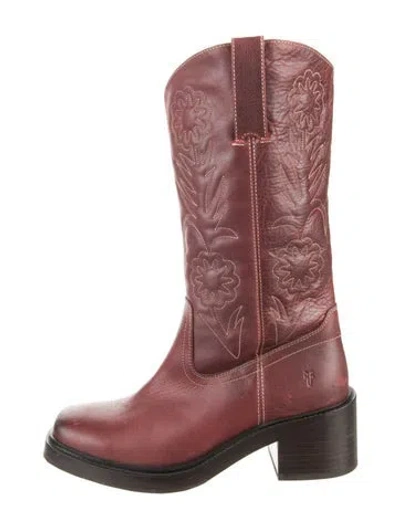 Pre-owned Frye Leather Floral Print Western Boots In Burgundy