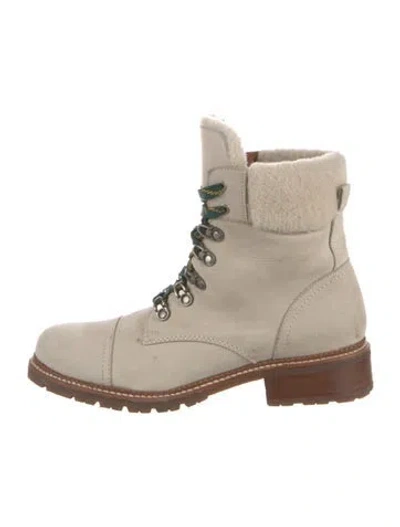 Pre-owned Frye Leather Fur Trim Combat Boots In Neutral