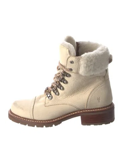 Pre-owned Frye Leather Fur Trim Combat Boots In Neutrals