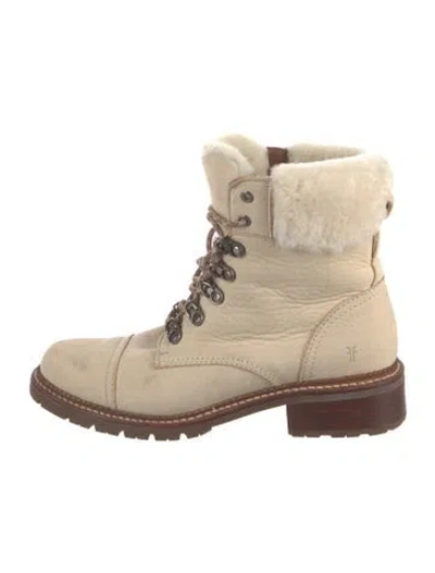 Pre-owned Frye Leather Fur Trim Lace-up Boots In Neutrals