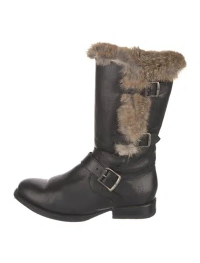 Pre-owned Frye Leather Fur Trim Moto Boots In Black