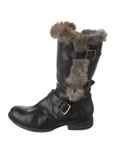 Pre-owned Frye Leather Fur Trim Moto Boots In Black